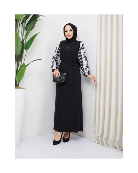 فستان توجبا بأكمام شيفون دائرية منقوش - أسود