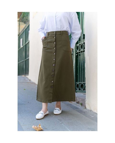 تنورة غاباردين بأزرار كاكي