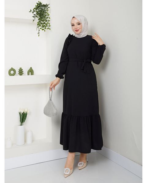 فستان كريب مع كشكشة على الكتفين، أسود