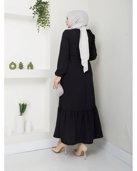 فستان كريب مع كشكشة على الكتفين، أسود