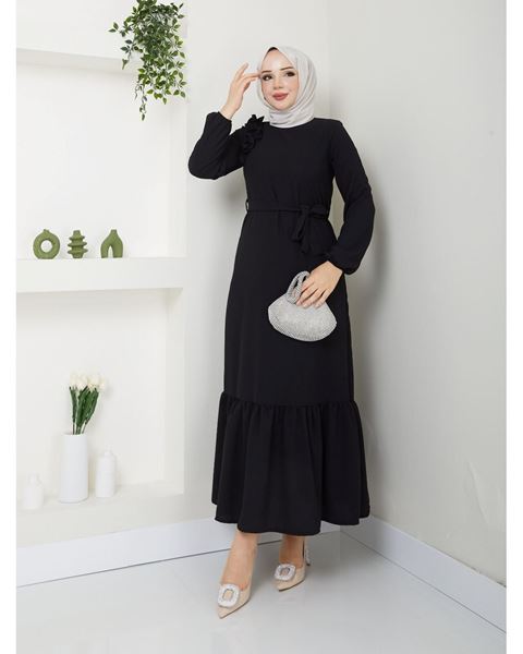 فستان كريب مع كشكشة على الكتفين، أسود