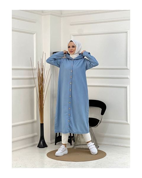 Denim Kapşonlu Kap- Denim Pardesü Mavi