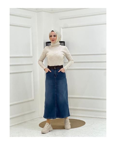 تنورة جينز بتفاصيل دانتيل وحزام - أزرق داكن