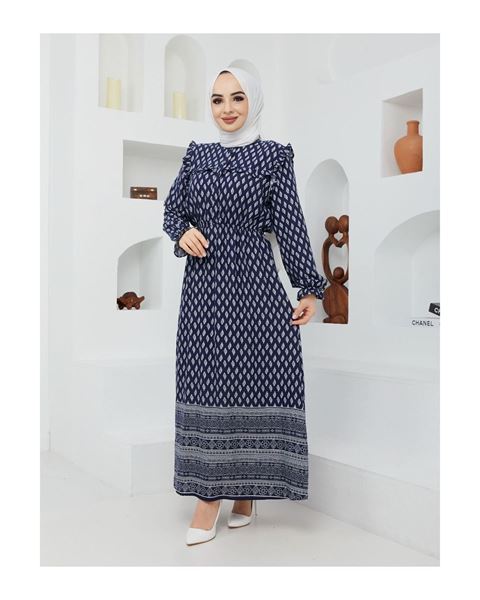 فستان بنقشة خضراء من قماش طبيعي – أزرق