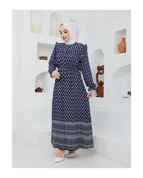 فستان بنقشة خضراء من قماش طبيعي – أزرق