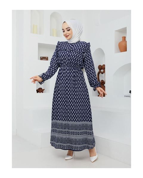 فستان بنقشة خضراء من قماش طبيعي – أزرق