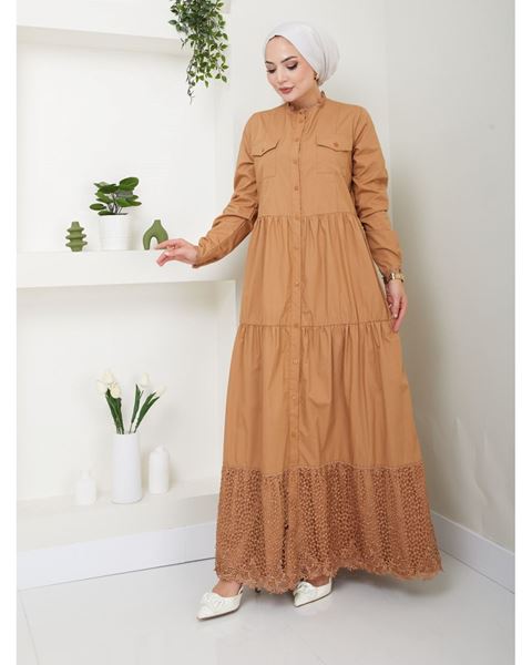 Laced Natural Fabric Button-Down Dress Dark Camel