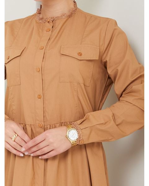 Laced Natural Fabric Button-Down Dress Dark Camel