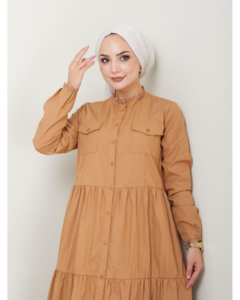 Laced Natural Fabric Button-Down Dress Dark Camel