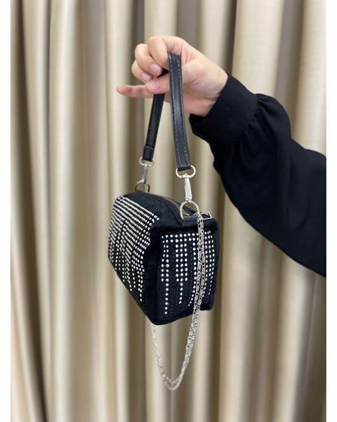 TAŞLI MODEL ZİNCIRLI EL VE OMUZ CANTASI Siyah