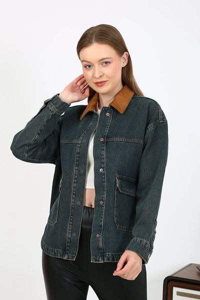 جاكيت جينز بياقة مخملية أزرق داكن