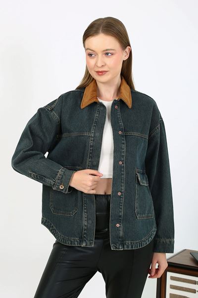 جاكيت جينز بياقة مخملية أزرق داكن