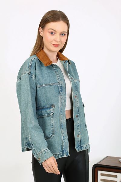 جاكيت جينز بياقة مخملية أزرق فاتح