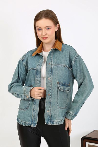 جاكيت جينز بياقة مخملية أزرق فاتح