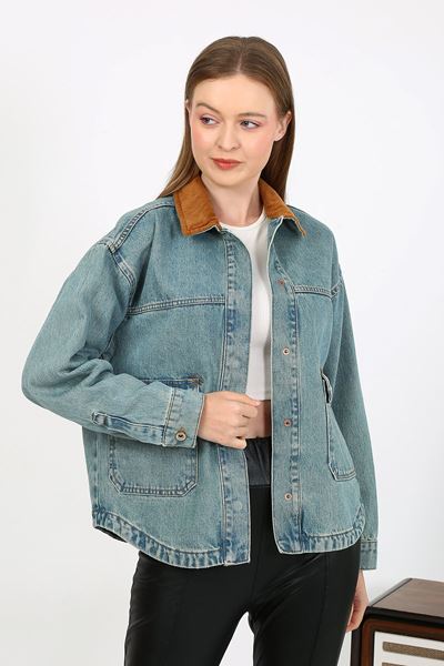 جاكيت جينز بياقة مخملية أزرق فاتح