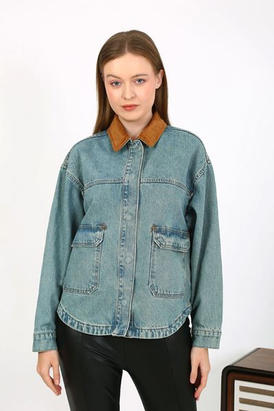 جاكيت جينز بياقة مخملية أزرق فاتح