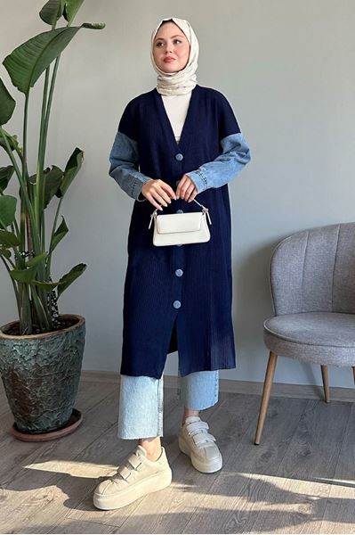 كارديجان جينز محبوك بأكمام أزرق داكن