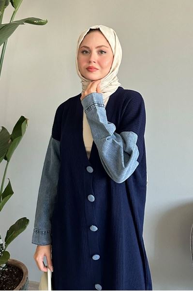 كارديجان جينز محبوك بأكمام أزرق داكن