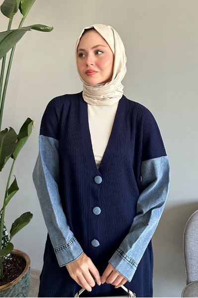 كارديجان جينز محبوك بأكمام أزرق داكن
