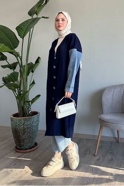 كارديجان جينز محبوك بأكمام أزرق داكن