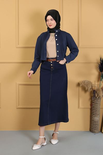 تنورة جينز بحزام من القماش الطبيعي باللون الأزرق الداكن