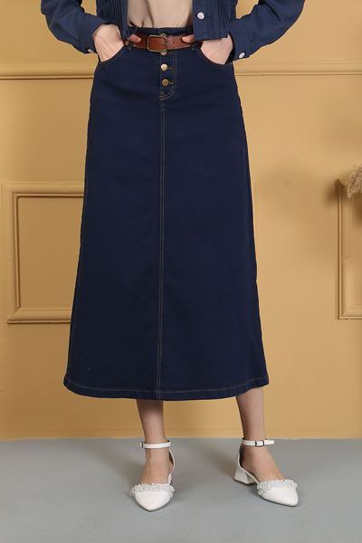 تنورة جينز بحزام من القماش الطبيعي باللون الأزرق الداكن