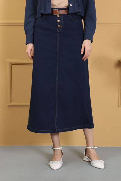 تنورة جينز بحزام من القماش الطبيعي باللون الأزرق الداكن