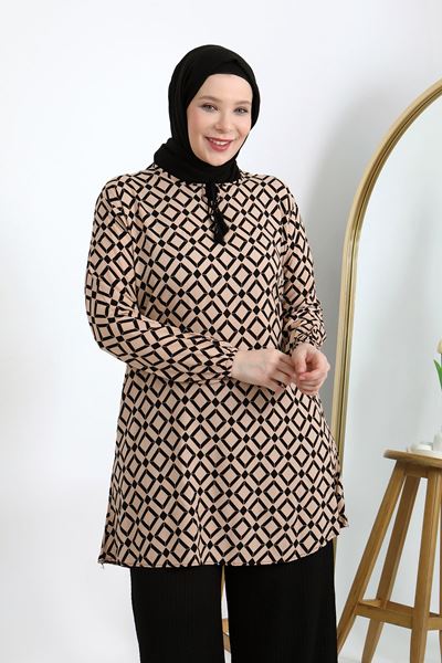 تونيك بقصة مريحة من قماش فيسكون بنقشة مربعة مقاس كبير، لون بيج أسود