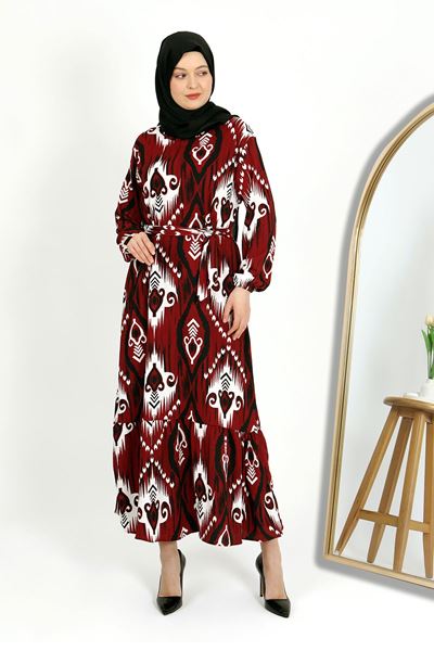 فستان منقوش، لون عنابي