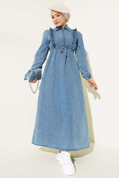 فستان جينز أزرق بأكمام منفوخة وسحاب