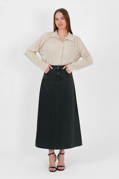 تنورة جينز كاكي عالية الخصر بتصميم حرف A