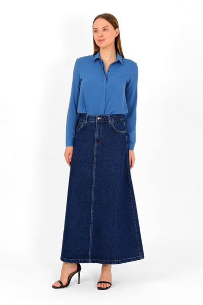 تنورة جينز زرقاء داكنة عالية الخصر