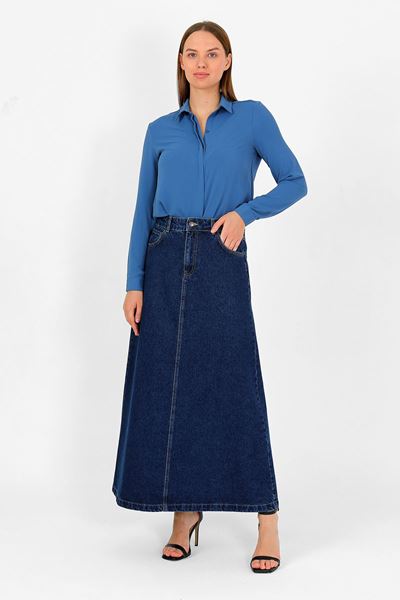 تنورة جينز زرقاء داكنة عالية الخصر