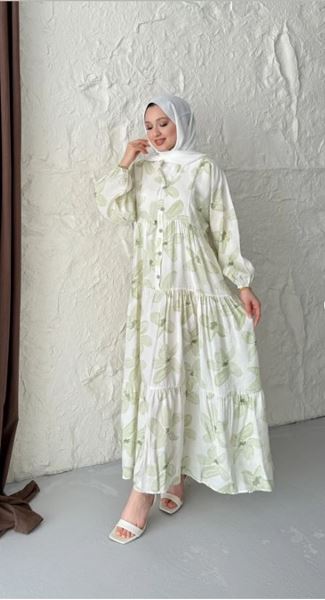 فستان من قماش مودال مزهر بأزرار - أخضر
