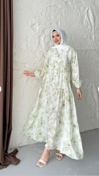 فستان من قماش مودال مزهر بأزرار - أخضر