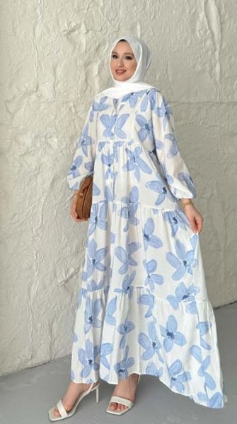  فستان مودال مزهر بأزرار - أزرق 