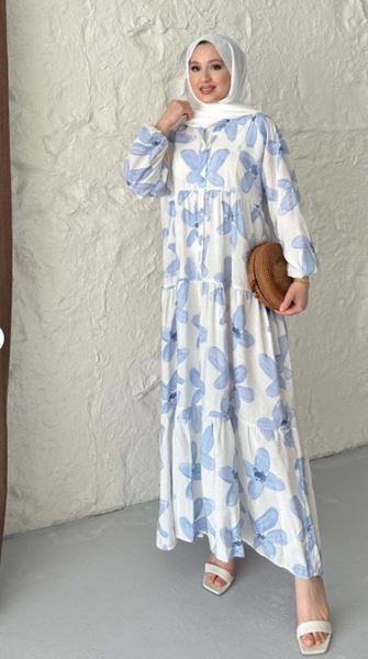  فستان مودال مزهر بأزرار - أزرق 