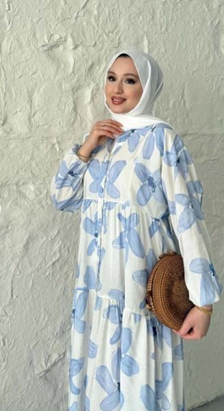  فستان مودال مزهر بأزرار - أزرق 