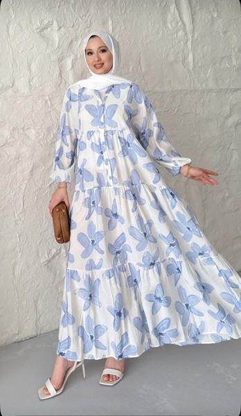  فستان مودال مزهر بأزرار - أزرق 