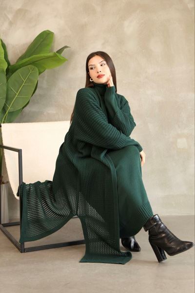 KADIN BOĞAZLI TRİKO ELBİSE VE UZUN HIRKA İKİLİ TAKIM-YEŞİL