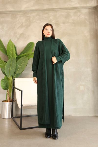 KADIN BOĞAZLI TRİKO ELBİSE VE UZUN HIRKA İKİLİ TAKIM-YEŞİL