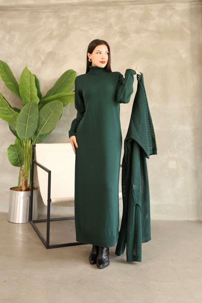 KADIN BOĞAZLI TRİKO ELBİSE VE UZUN HIRKA İKİLİ TAKIM-YEŞİL
