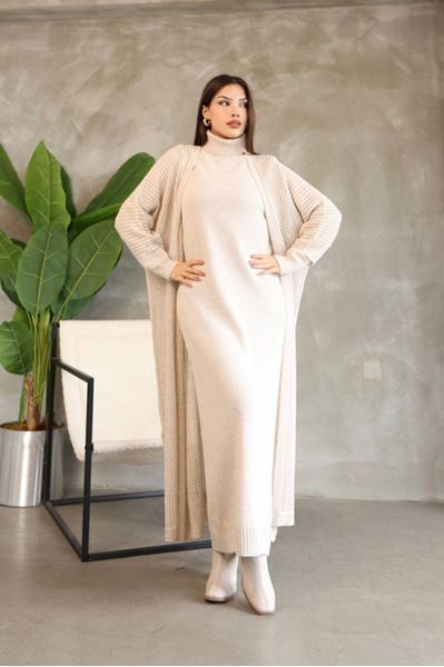 KADIN BOĞAZLI TRİKO ELBİSE VE UZUN HIRKA İKİLİ TAKIM-KREM