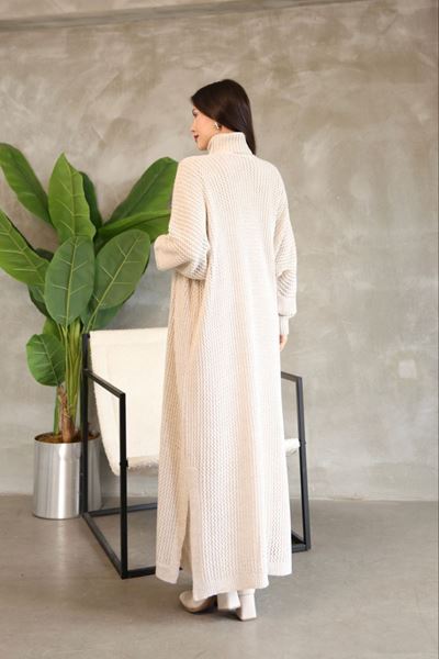 KADIN BOĞAZLI TRİKO ELBİSE VE UZUN HIRKA İKİLİ TAKIM-KREM