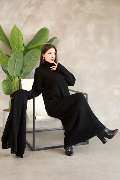 KADIN BOĞAZLI TRİKO ELBİSE VE UZUN HIRKA İKİLİ TAKIM-SİYAH