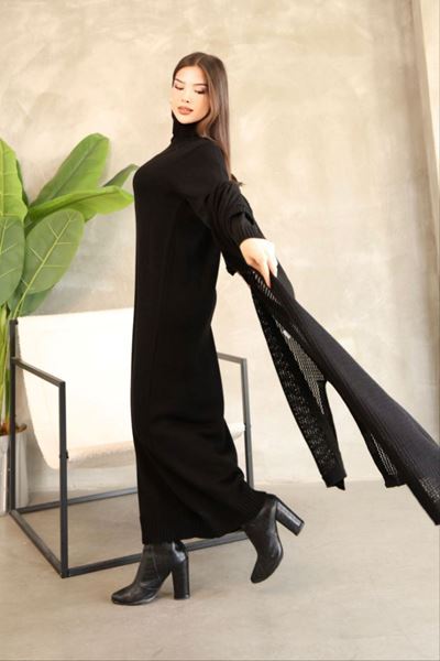 KADIN BOĞAZLI TRİKO ELBİSE VE UZUN HIRKA İKİLİ TAKIM-SİYAH