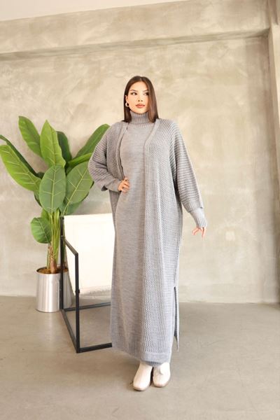 KADIN BOĞAZLI TRİKO ELBİSE VE UZUN HIRKA İKİLİ TAKIM-GRİİ