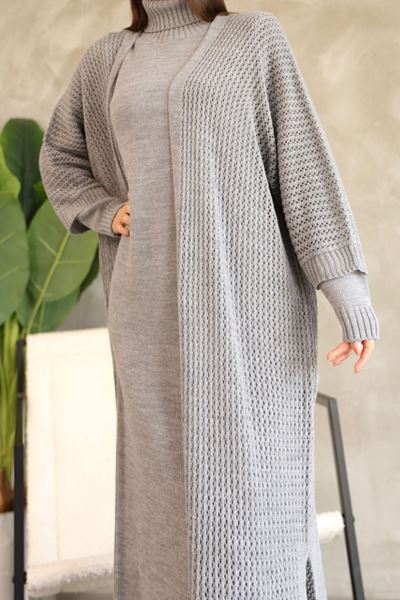 KADIN BOĞAZLI TRİKO ELBİSE VE UZUN HIRKA İKİLİ TAKIM-GRİİ