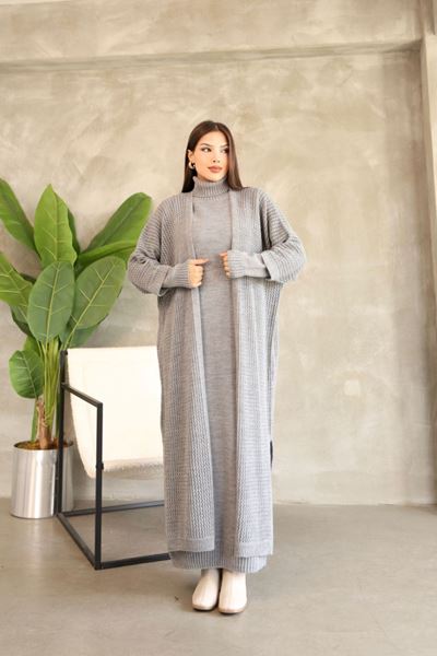 KADIN BOĞAZLI TRİKO ELBİSE VE UZUN HIRKA İKİLİ TAKIM-GRİİ