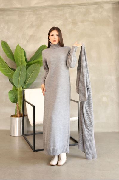 KADIN BOĞAZLI TRİKO ELBİSE VE UZUN HIRKA İKİLİ TAKIM-GRİİ